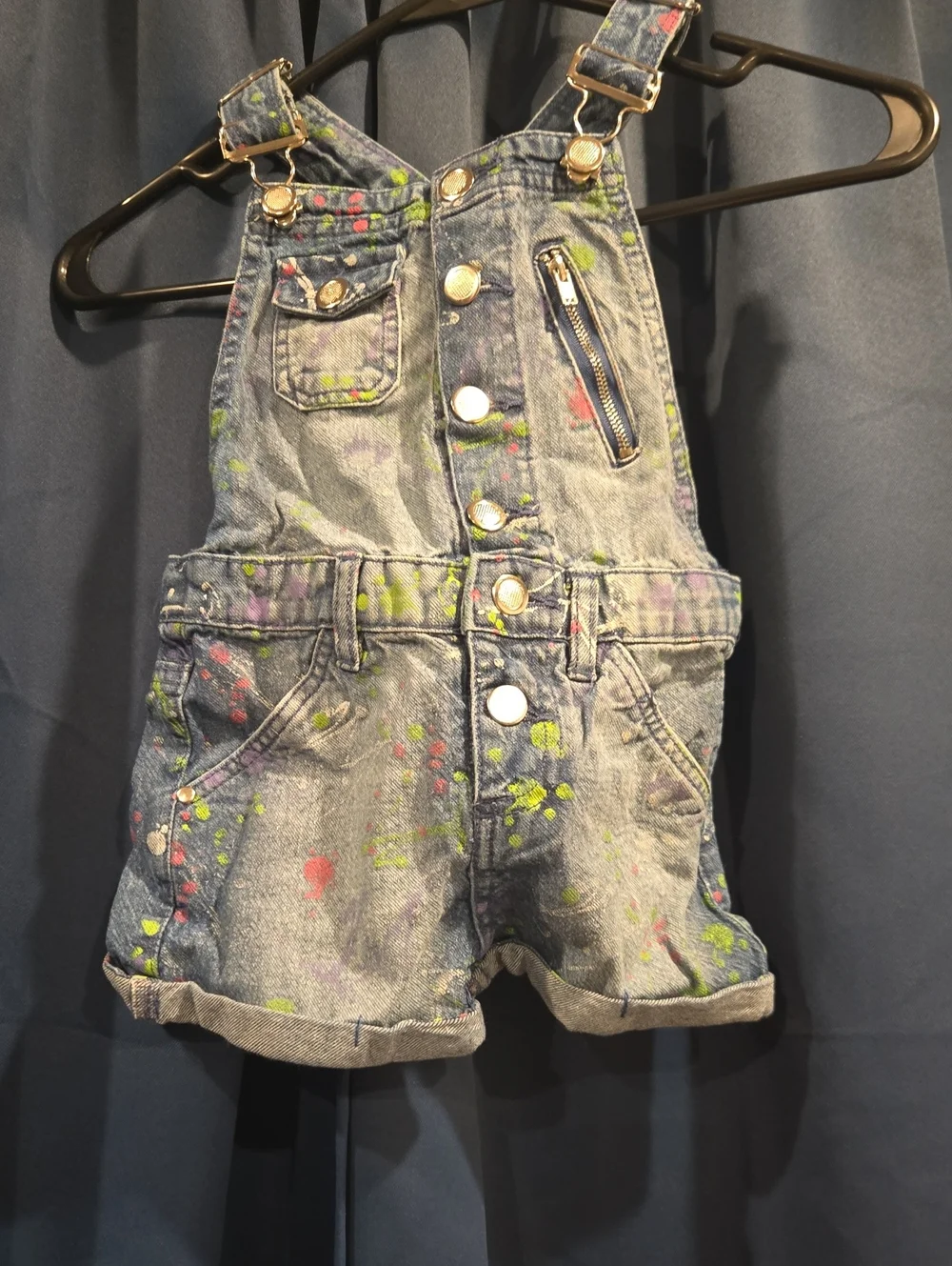 Girls Denim Paint-Splatter Short Overalls - Blue with Neon Accents